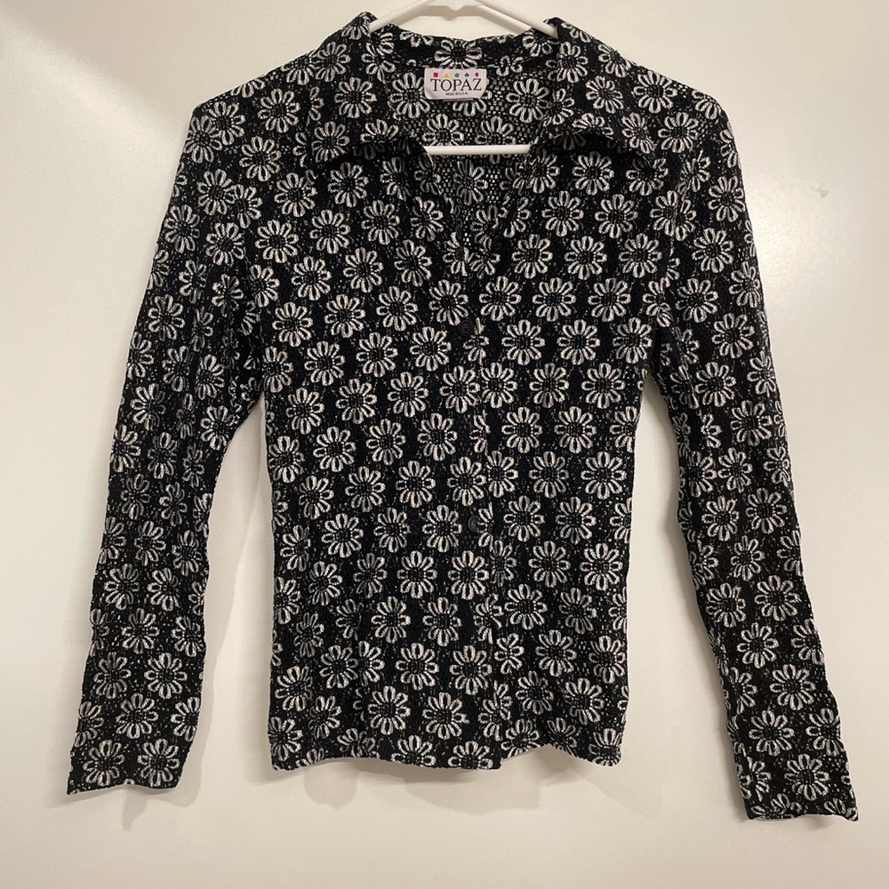 Vintage USA made Topaz floral stretch lace mesh button up long sleeve Large